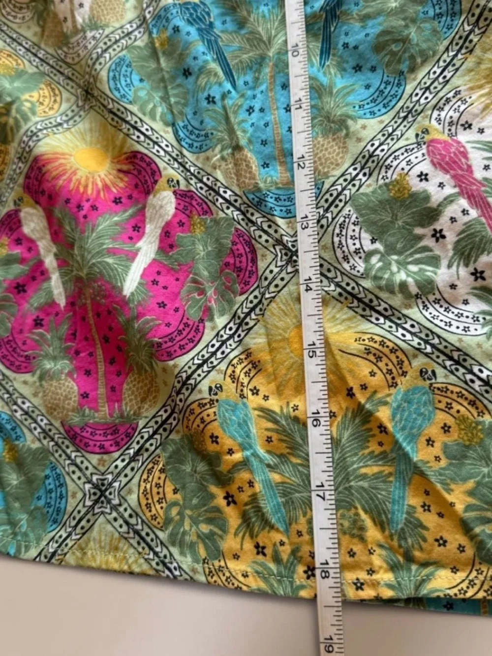 LOFT Tropical Patchwork Blouse Palm Tree Square Neck Puff Sleeve Size Small